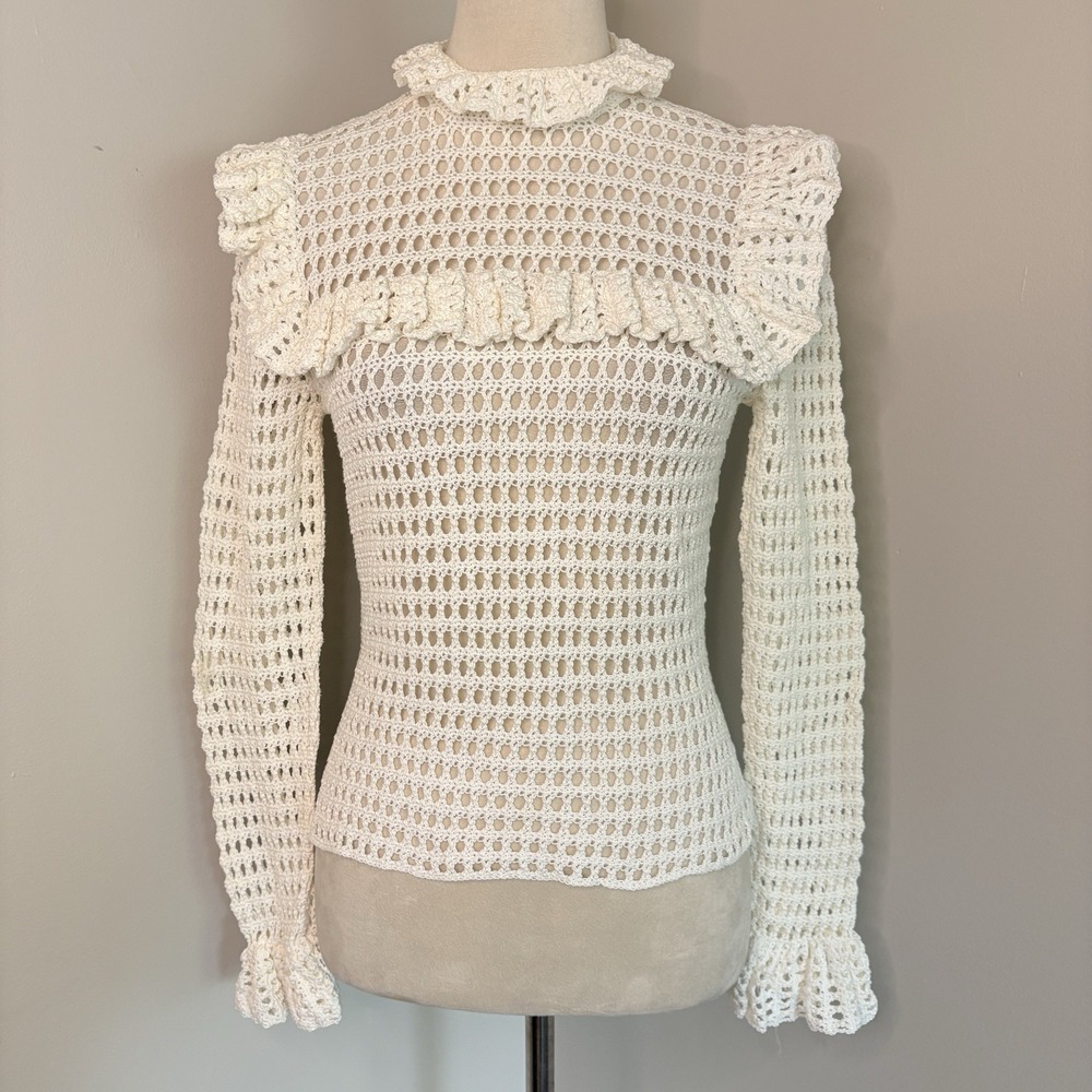 Vintage 70s Hand Crochet Top Open Knit Sweater Ruffle Victorian Talon Zip Small